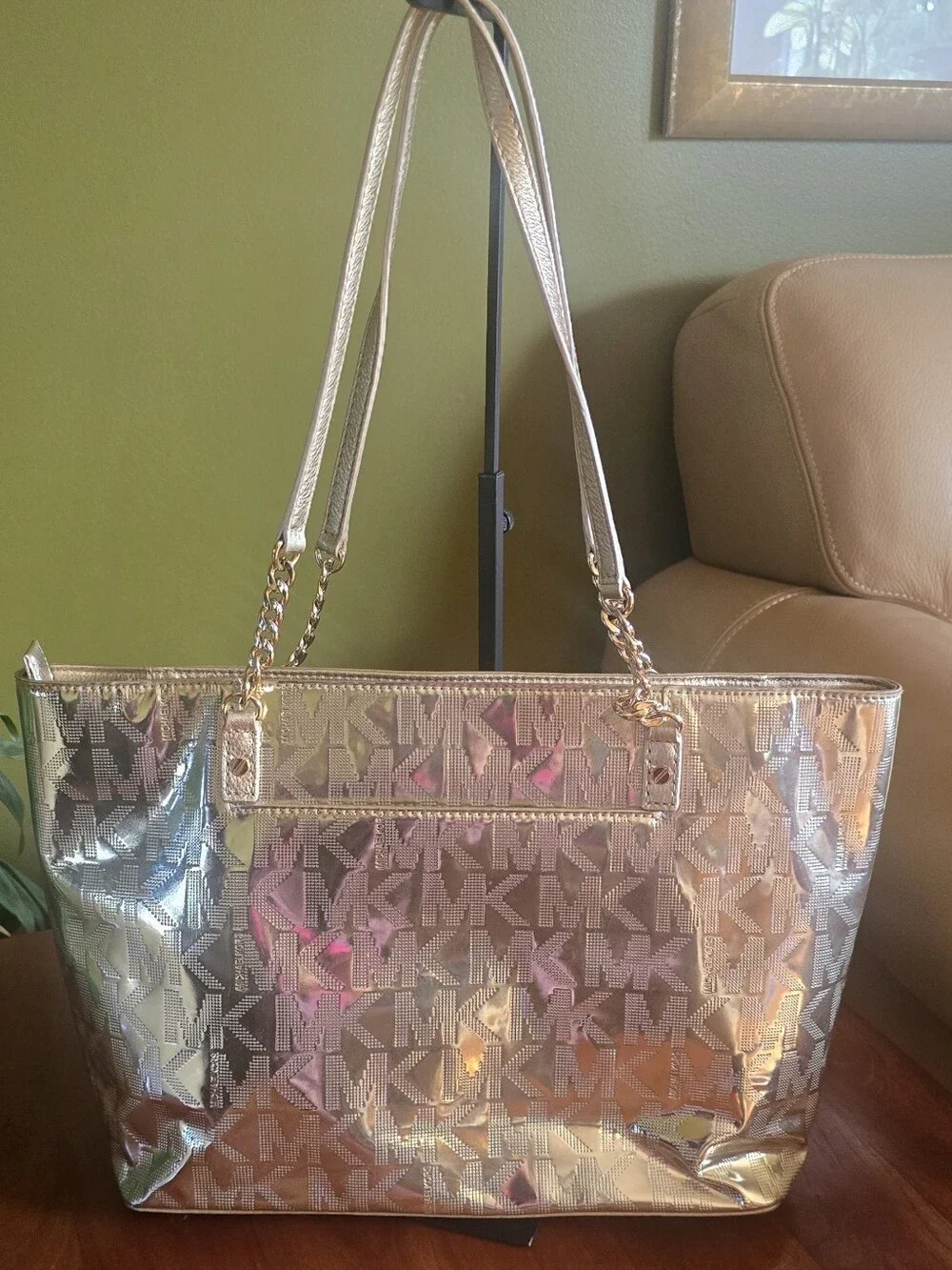 Michael Kors Gold Signature Monogram Logo Tote Metallic Gold